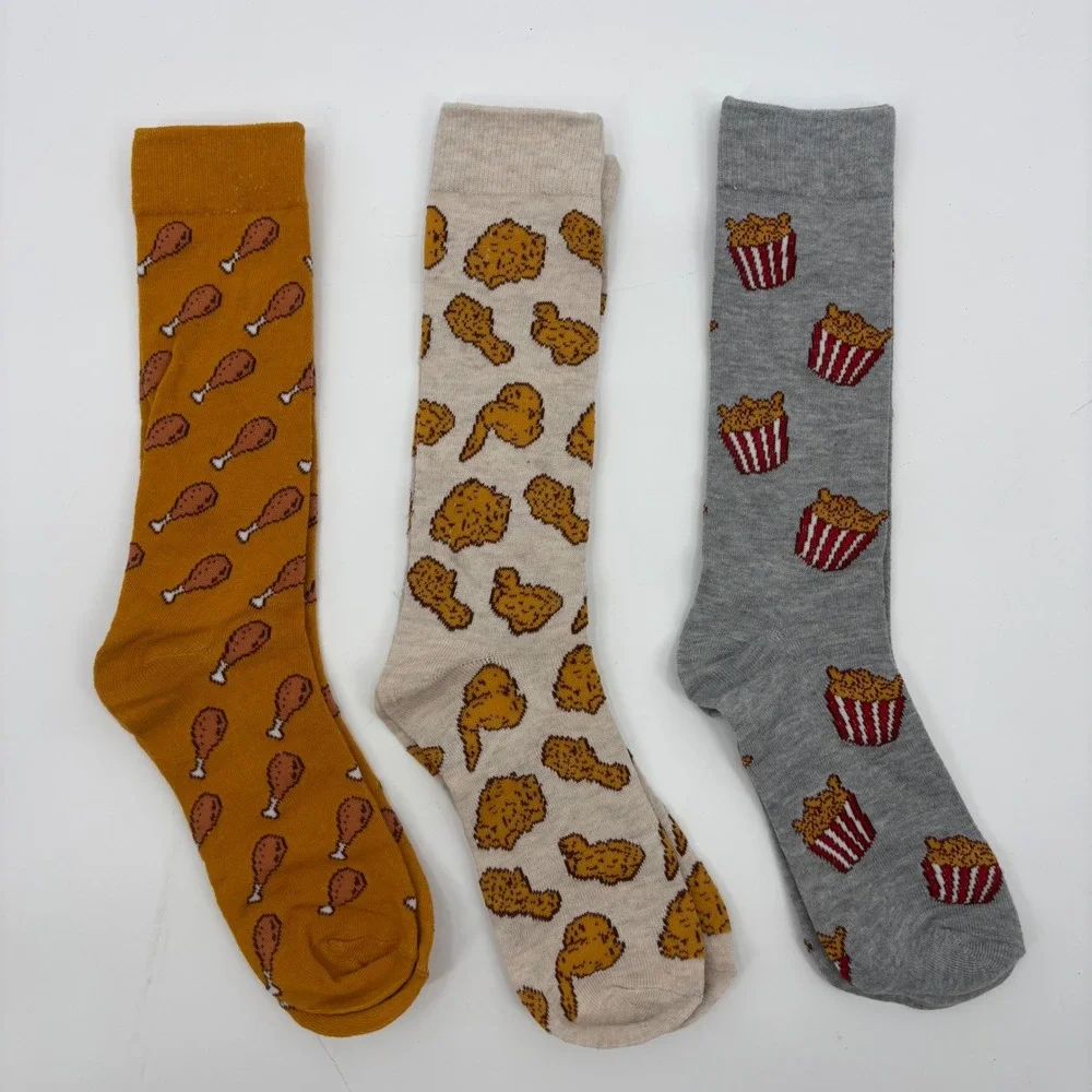 Mens Fried‎ Chicken Novelty Crew Socks 3 Pack Yellow Cream Grey Graphic Funny